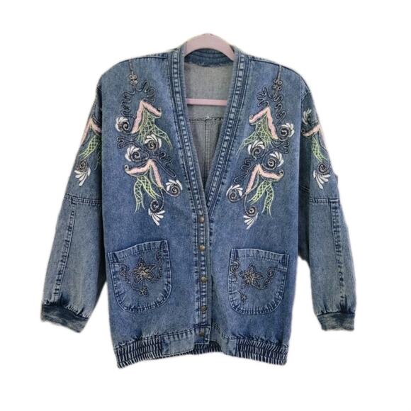 Vintage Japanese‎ Brand Embroidered Kimono Jacket Denim RARE - Picture 1 of 13